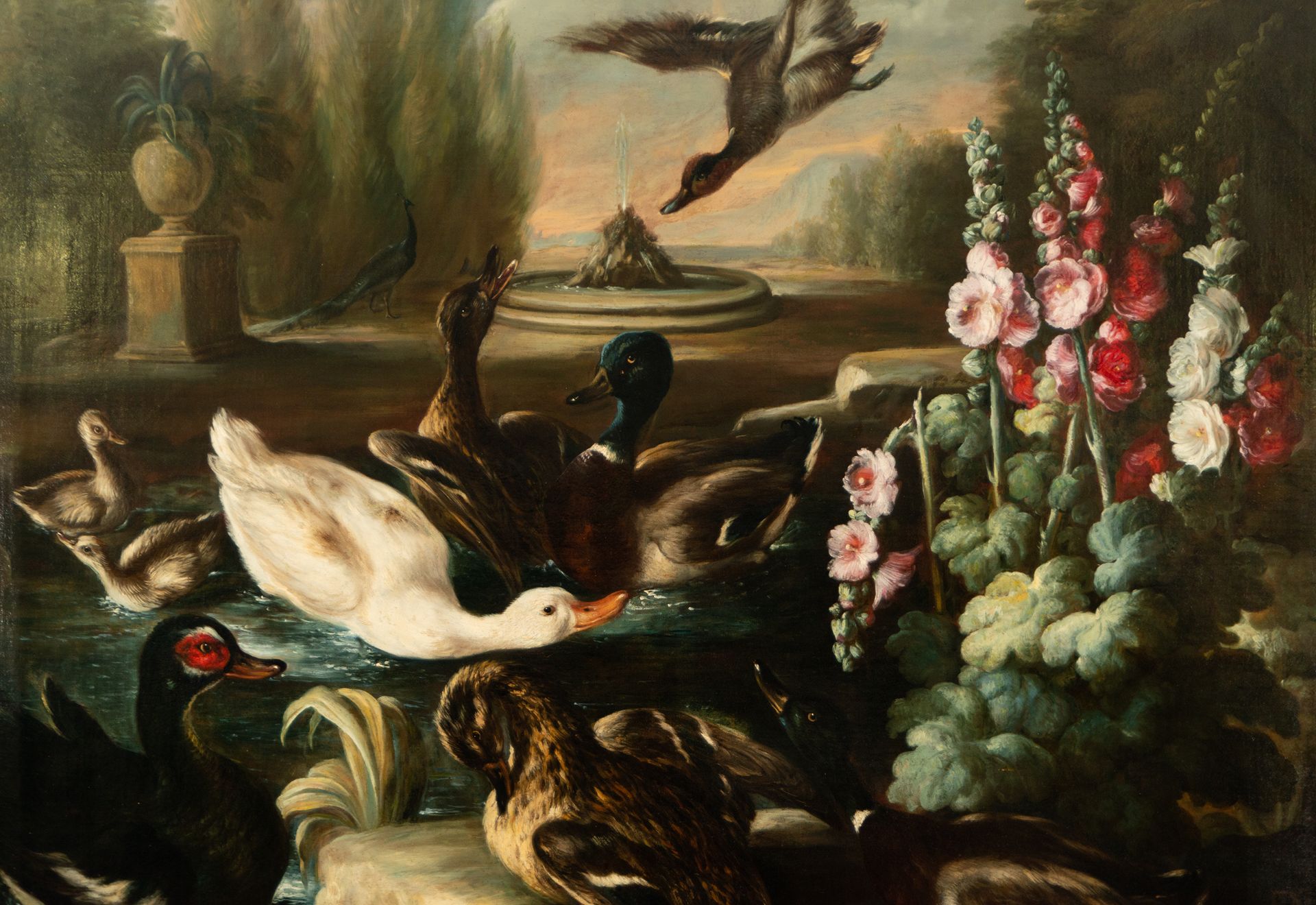 Large Pair of Still Lifes with Flowers and Birds in a Garden, 18th century Neapolitan school, Circle - Image 10 of 17