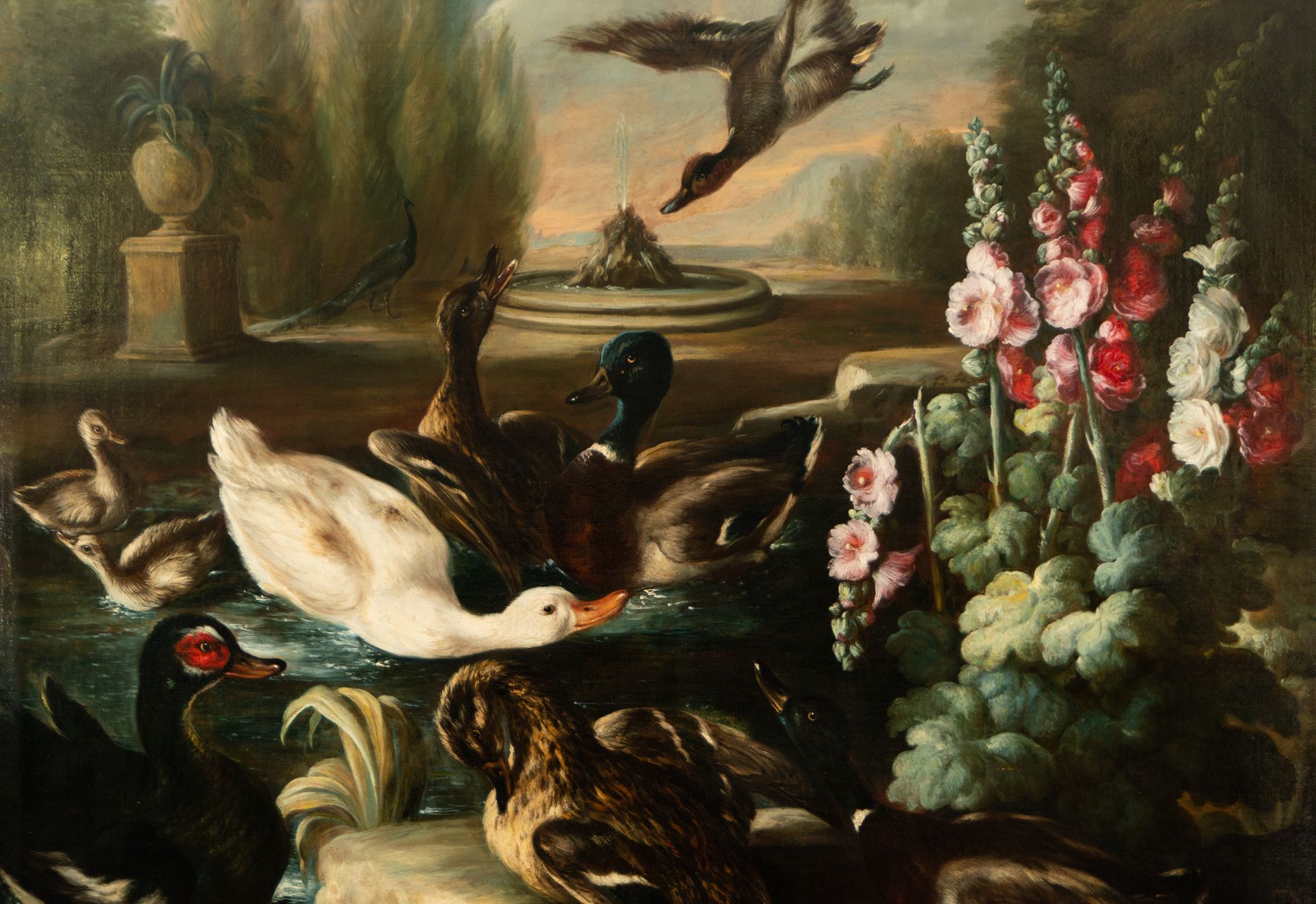 Large Pair of Still Lifes with Flowers and Birds in a Garden, 18th century Neapolitan school, Circle - Bild 10 aus 17