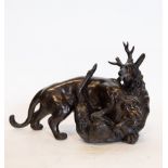 Lioness attacking a Deer in Bronze, 20th century European school