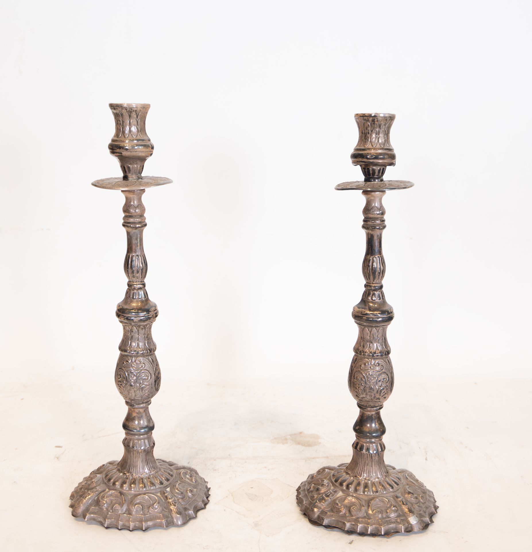 Pair of silver candlesticks, 19th century Spanish school