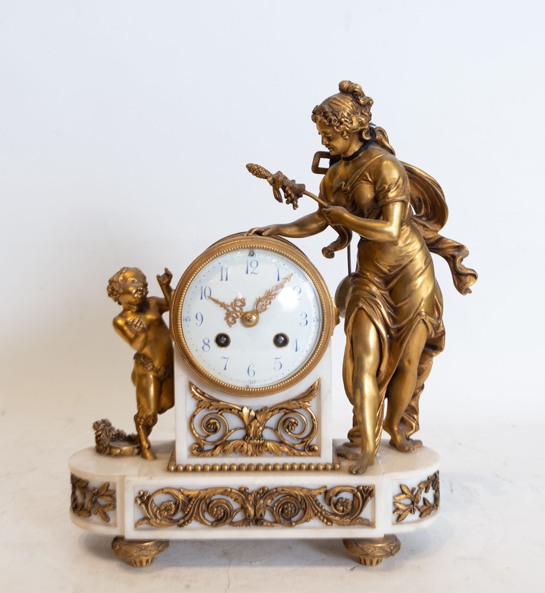 Louis XVI style clock in Gilt Bronze and Marble representing the Goddess Ceres with a Faun, French s