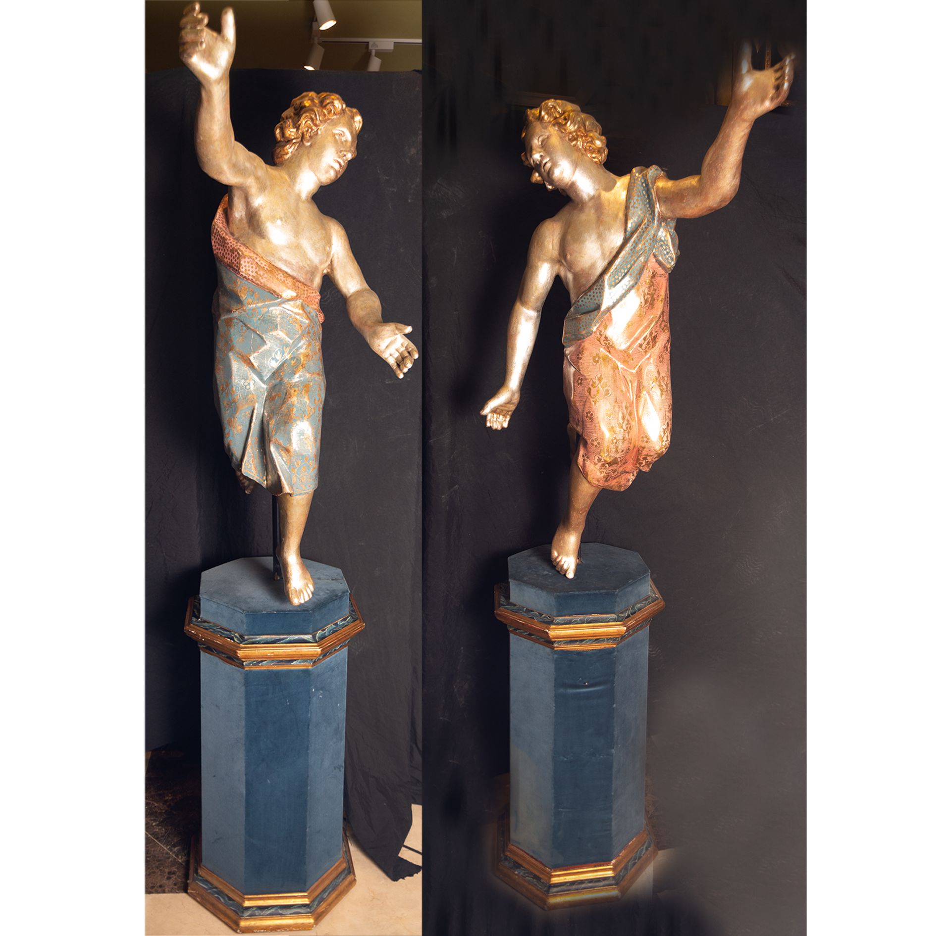 Very Important Large Pair of Venetian Torch Angels in Gold and Silver wood, Venetian workshops, Ital