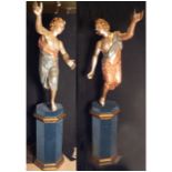 Very Important Large Pair of Venetian Torch Angels in Gold and Silver wood, Venetian workshops, Ital