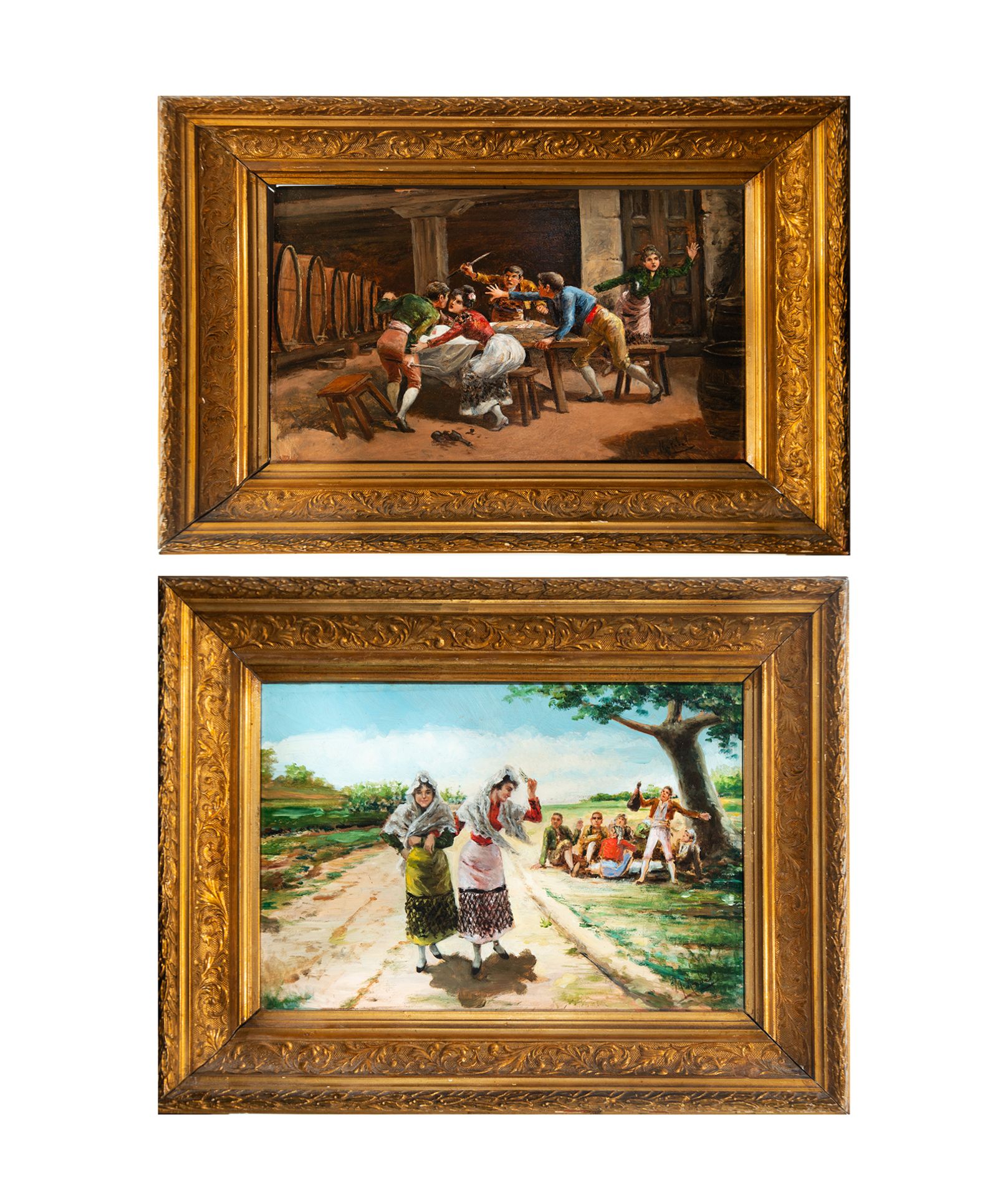 Gallant Scene and Fight in the Tavern, Spanish romanticist school of the 19th century