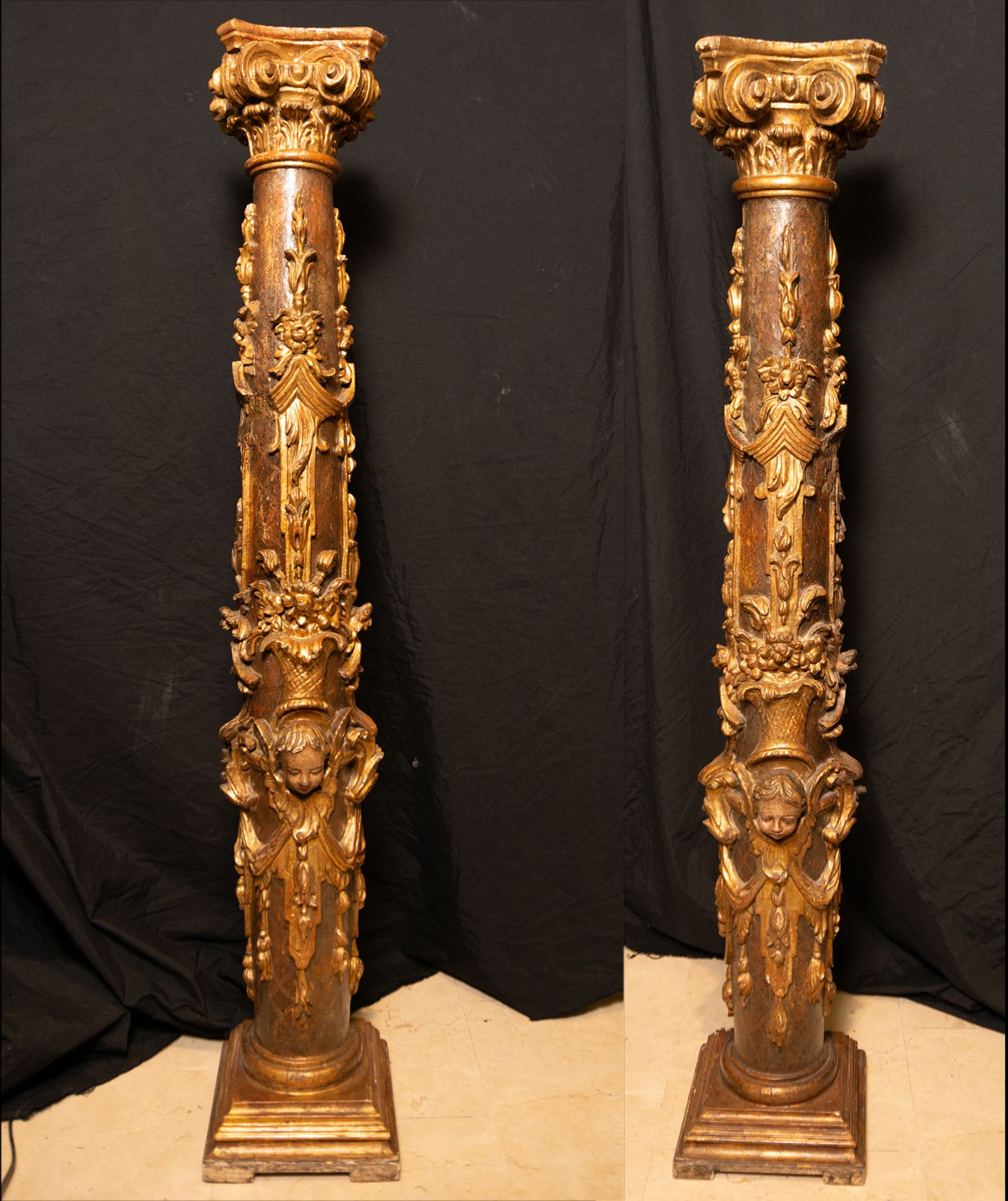 Important pair of Baroque Columns in gilded wood, Sevillian school of the 17th century