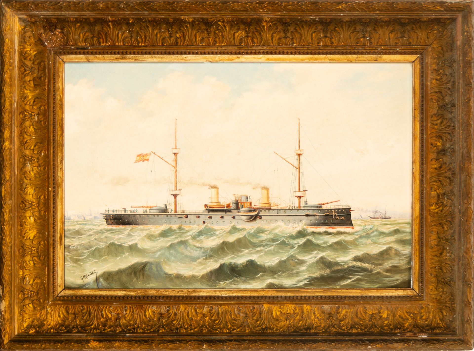 Steam Boat, 19th century Spanish school, signed Giráldez