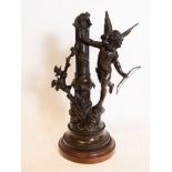 Cupid Playing at the Fountain in patinated Bronze, French school of the 19th - 20th centuries, signe