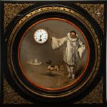 Harlequin with Dog oval with built-in mechanical clock, 19th century European school