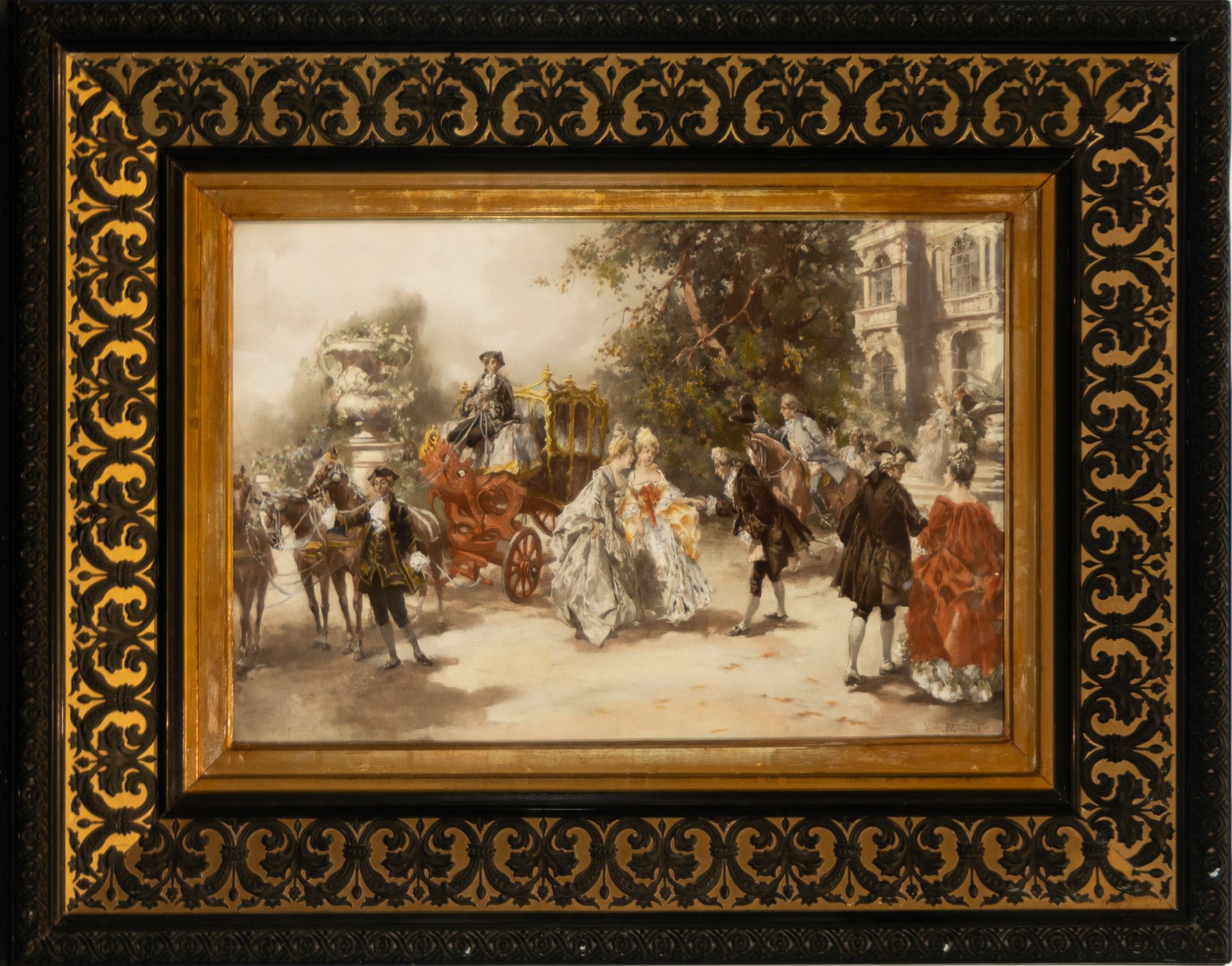 Gallant Scene with Ladies in a Carriage, Spanish romanticist school of the 19th century, signed V. d