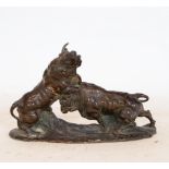 Pair of Bulls in Patinated Bronze, Spanish School of the 19th Century