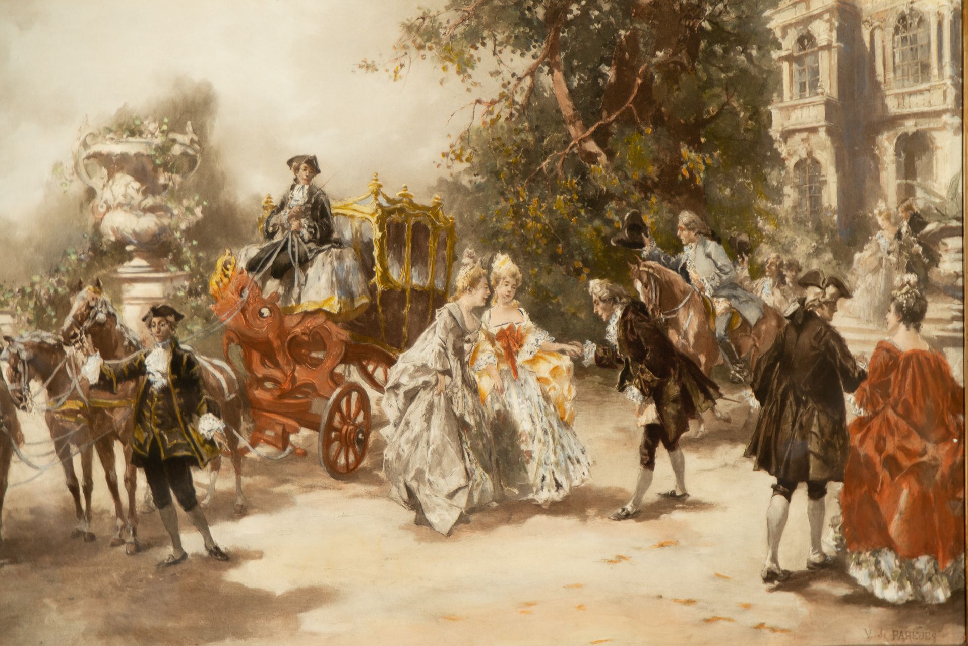 Gallant Scene with Ladies in a Carriage, Spanish romanticist school of the 19th century, signed V. d - Image 2 of 7