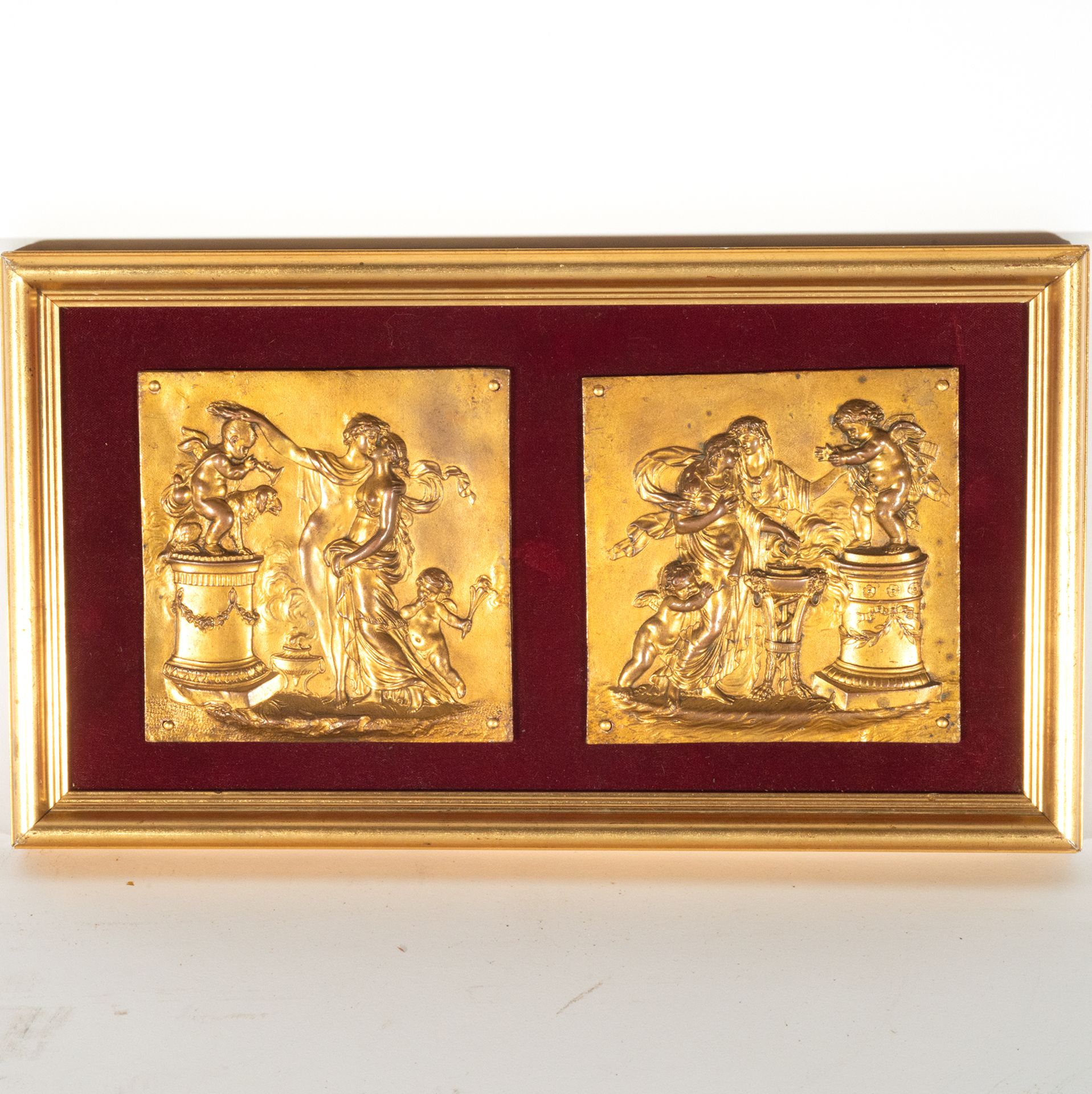 Pair of French Plaques in gilt bronze representing Pygmalion and Galatea and Venus and Adonis, Frenc