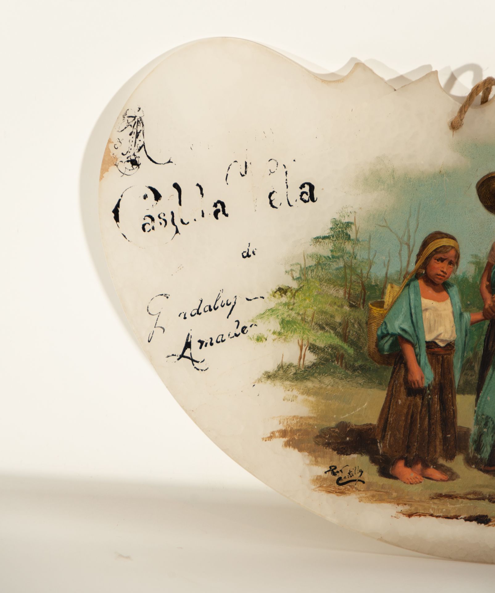 Mexican peasant couple, Plate in polychrome Onyx, 19th century Mexican school, signed and dedicated  - Image 2 of 3