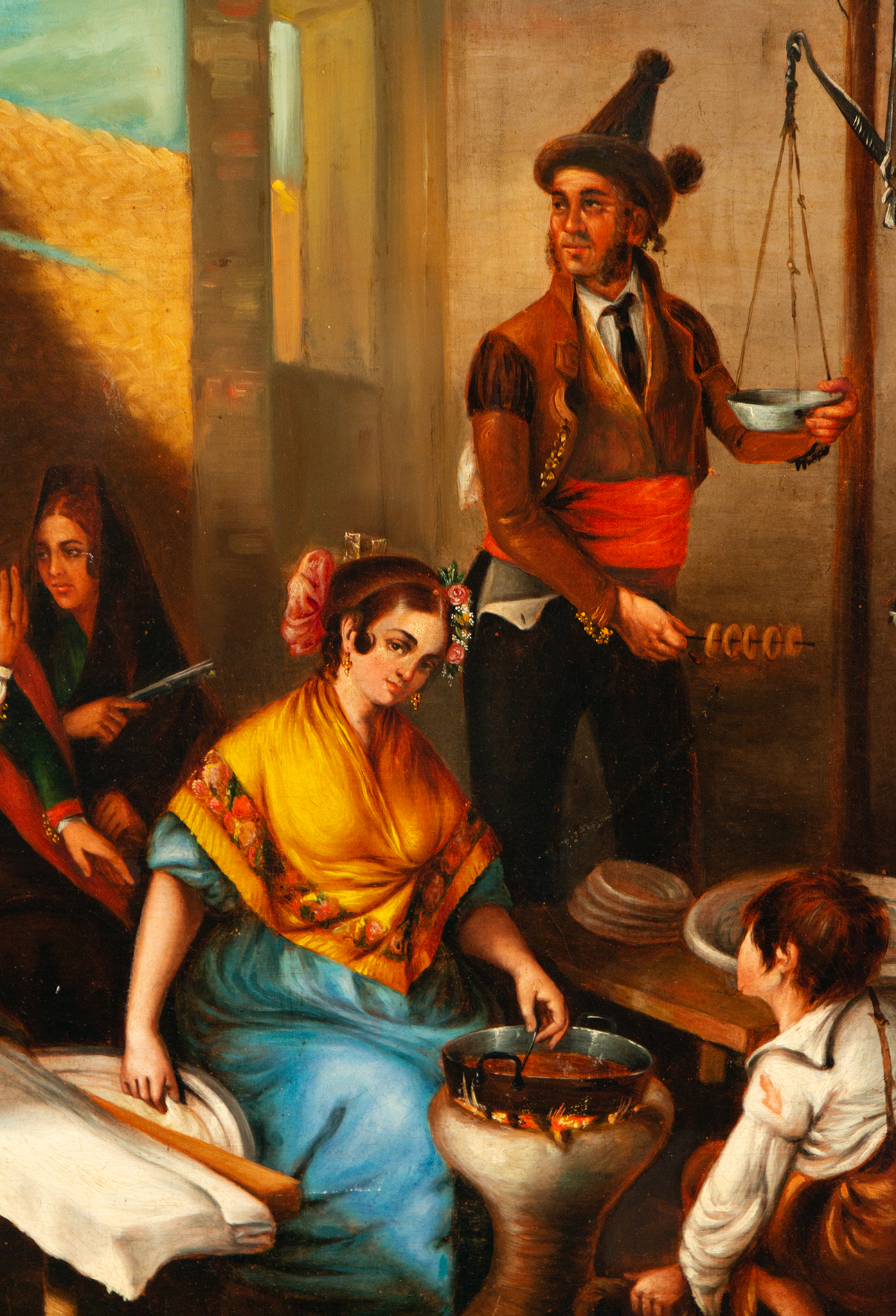 Andalusian family cooking dinner, 19th century Andalusian school, signed Rodríguez Becquer - Image 2 of 6