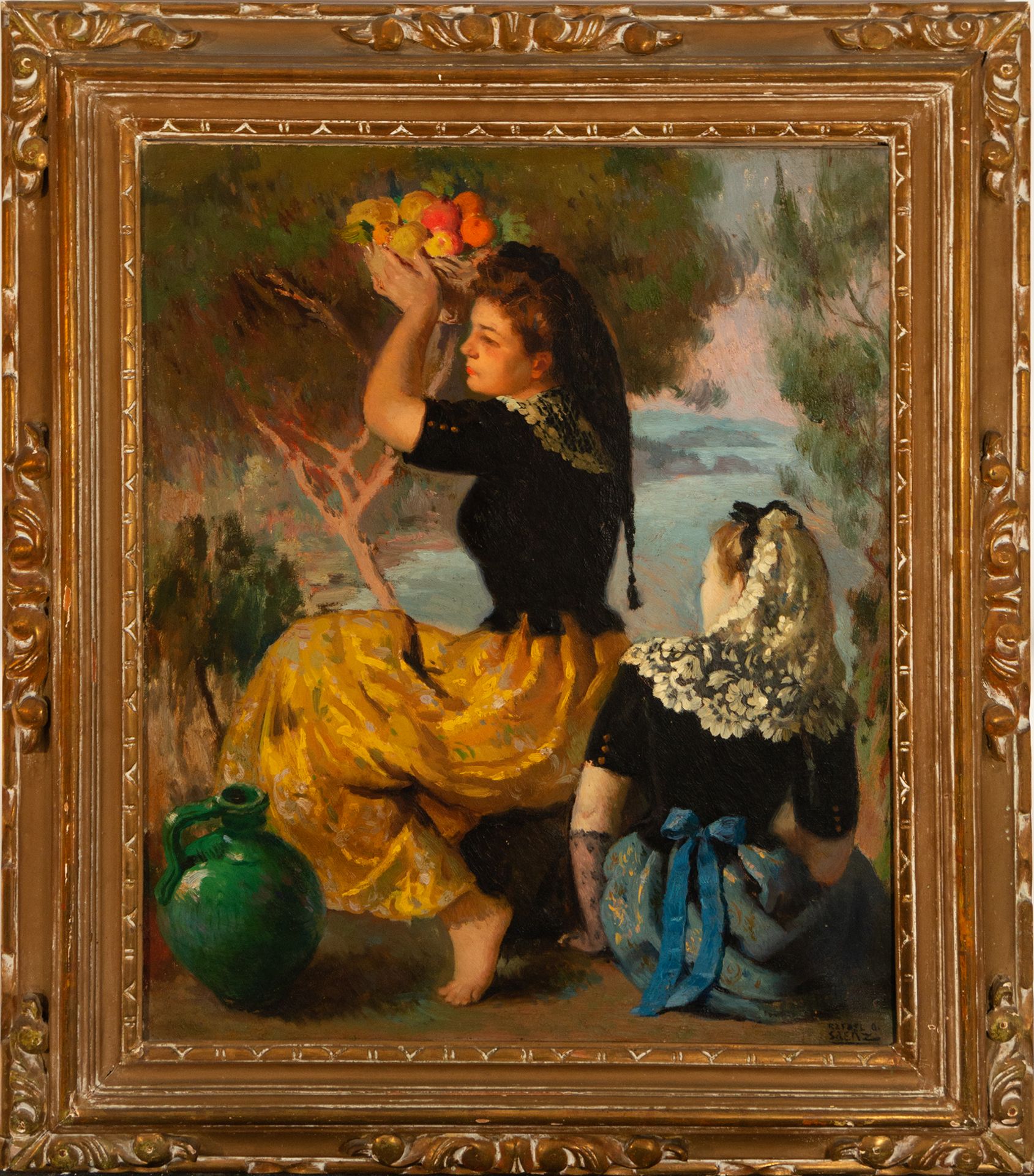 Girls picking Fruit, early 20th century Spanish school, signed Rafael Sáenz