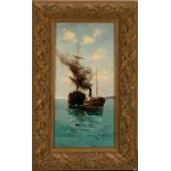 Steam Boat, 19th century Spanish school, signed Martínez Abades