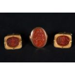 Rare Seal and Cufflinks Set in 14K yellow gold with three agate stones with Islamic Safavid Inscript