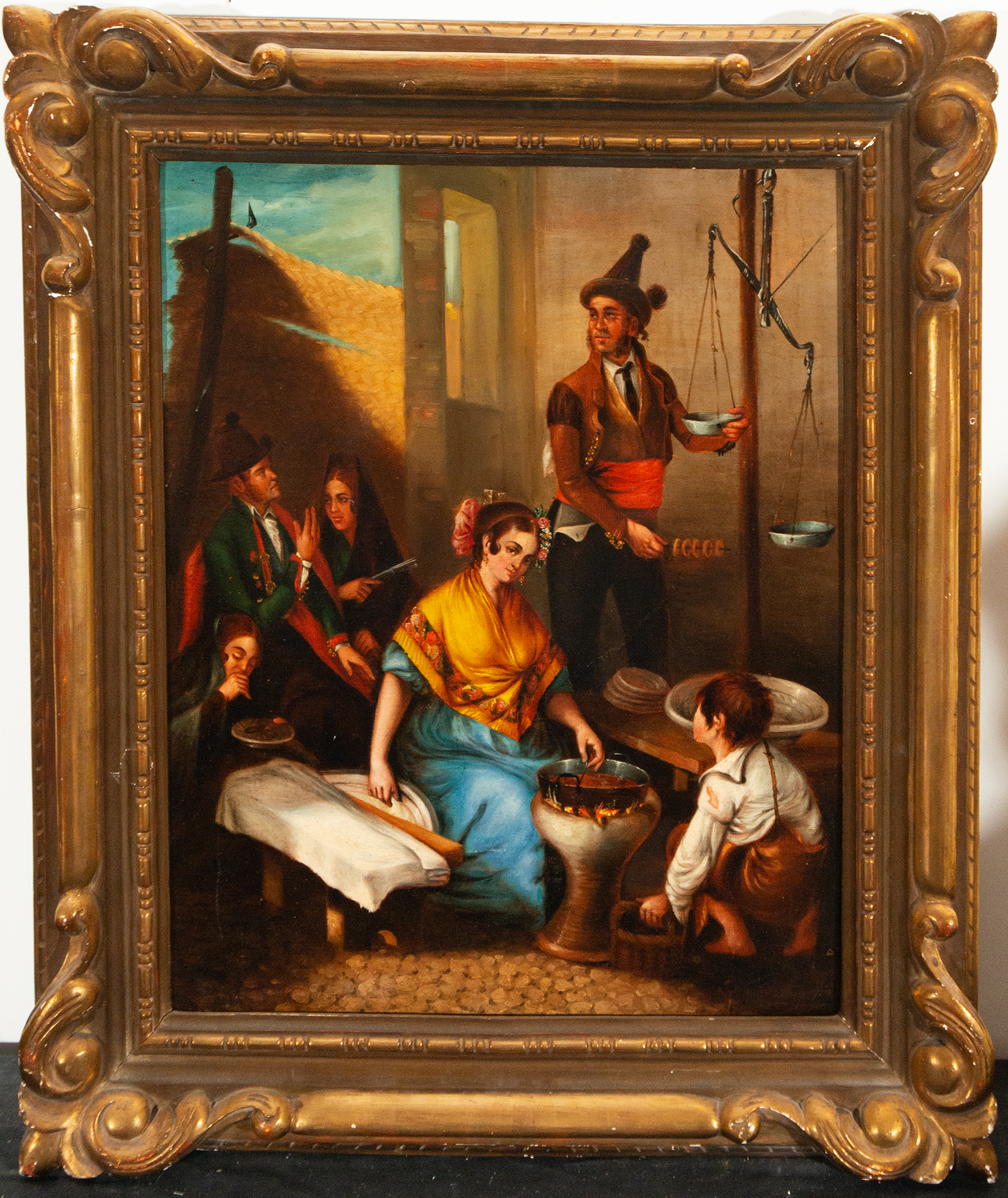 Andalusian family cooking dinner, 19th century Andalusian school, signed Rodríguez Becquer