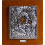 Virgin of Kazan, Russian Orthodox Icon in wood and embossed silver, Orthodox school of the 19th - 20