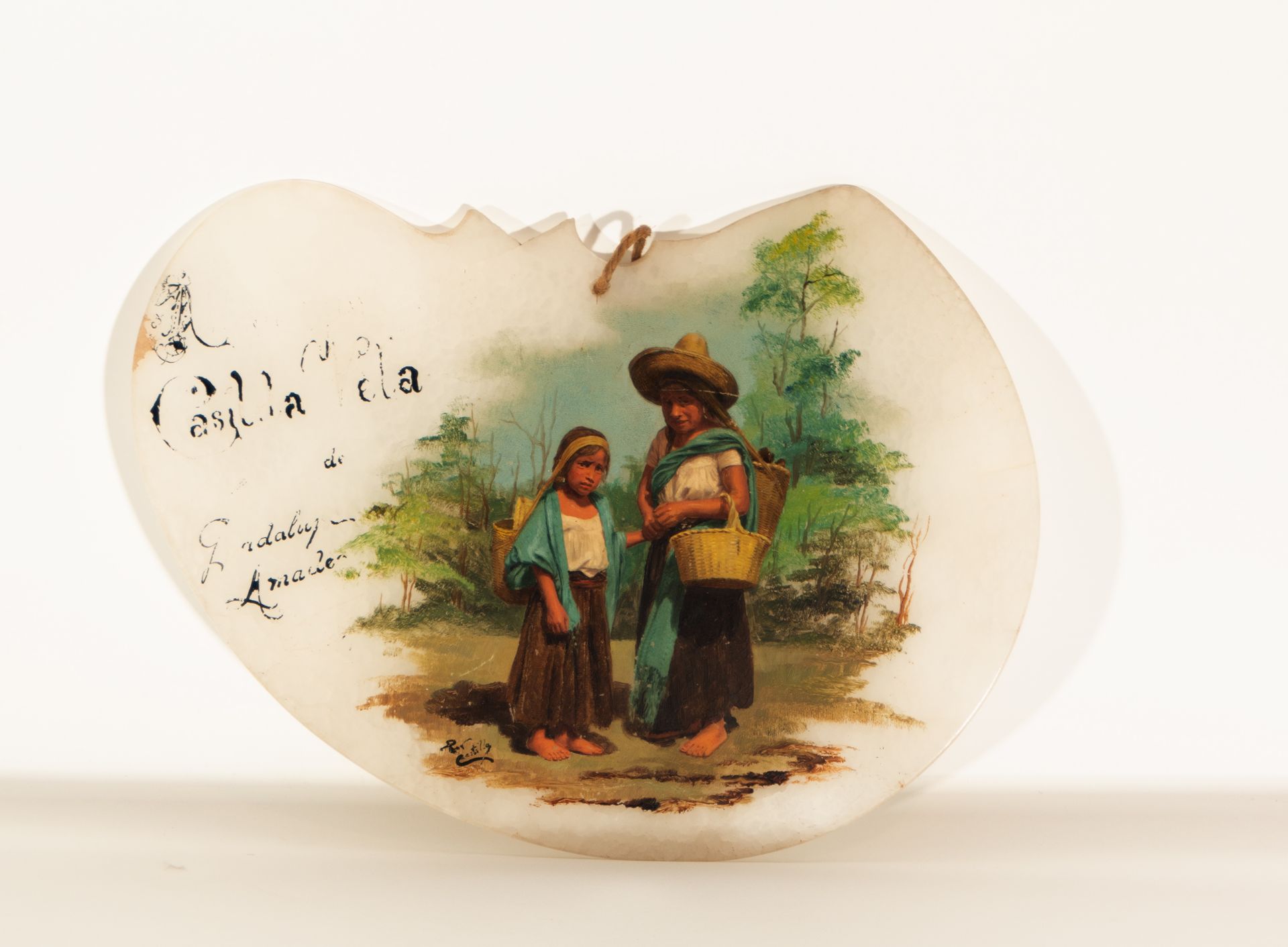 Mexican peasant couple, Plate in polychrome Onyx, 19th century Mexican school, signed and dedicated 