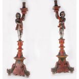 Pair of Large Torch Holders topped with Angels in polychrome wood and silver leaf, Spanish or Spanis