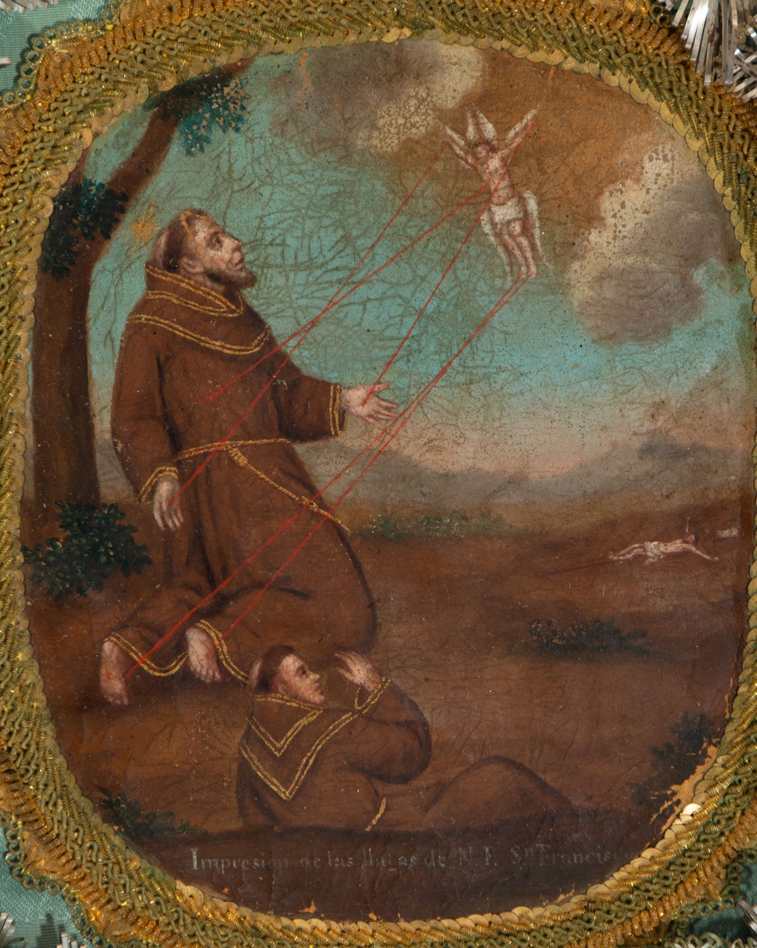 Painted Leather Oval representing Saint Francis receiving the Stigmata, Novohispanic colonial school - Image 2 of 3