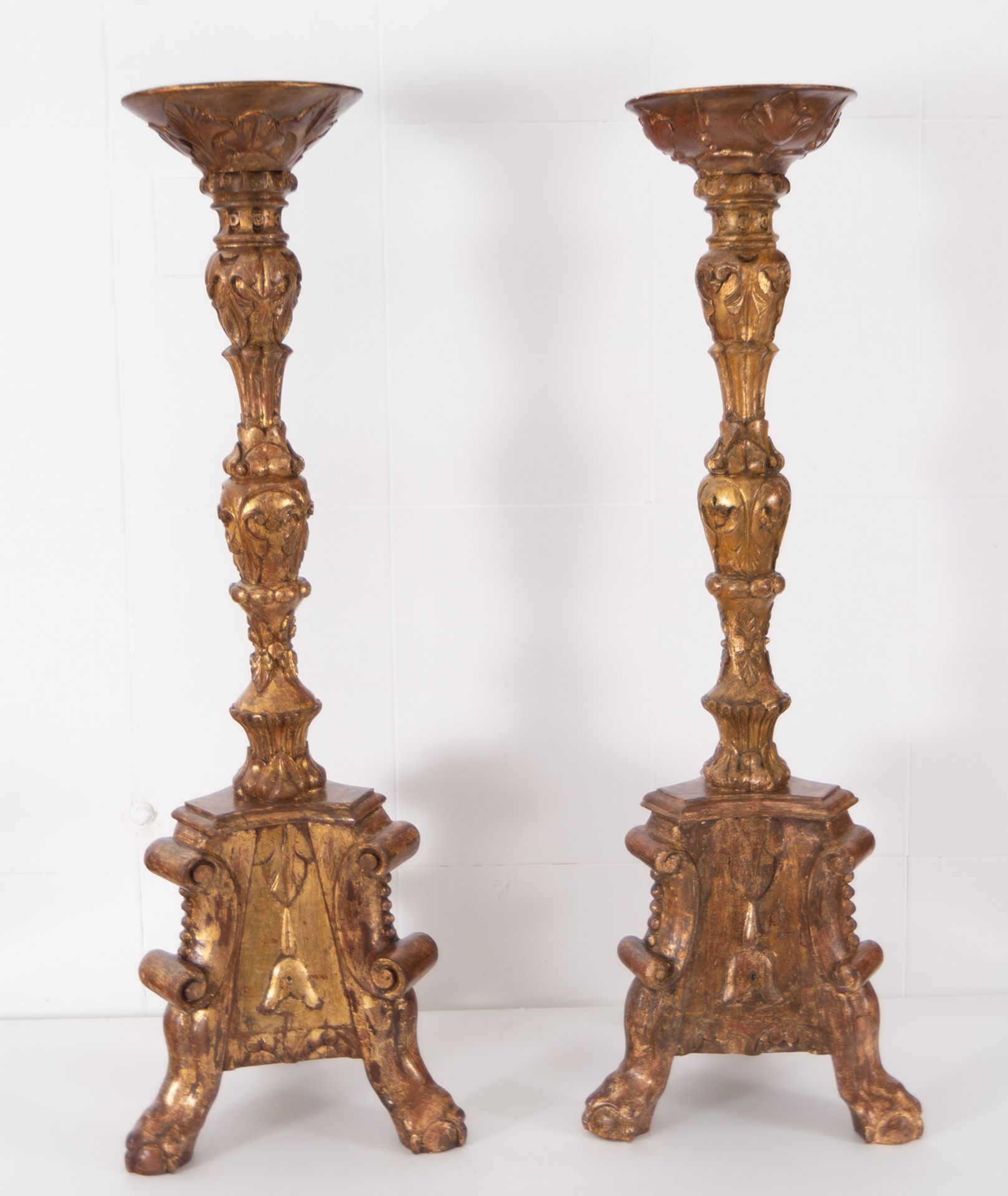 Pair of Large Baroque Torch Holders in Gilded and polychrome wood, Portuguese school of the XVII - X