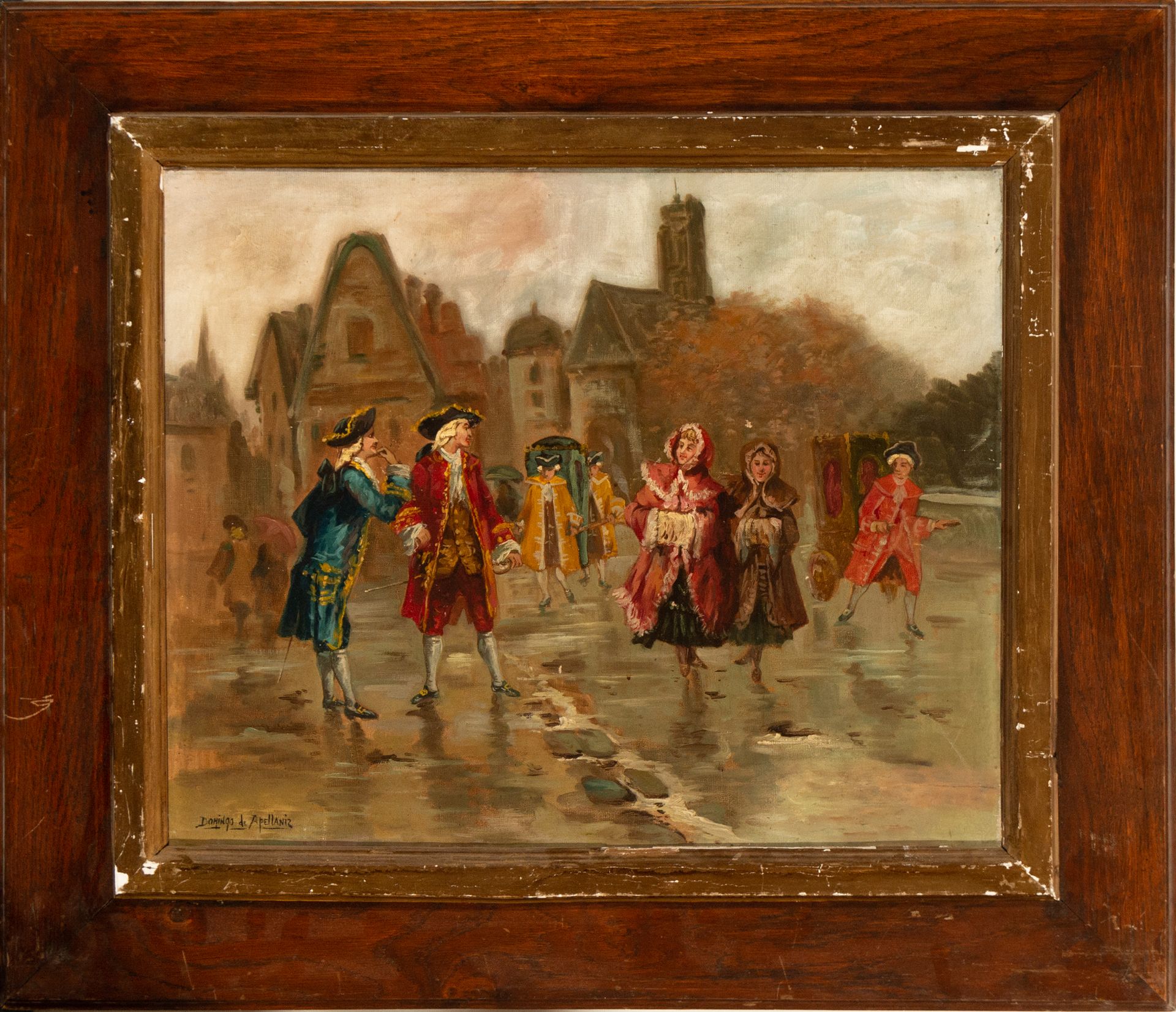 Costumbrist scene, following models of the French baroque, Spanish school of the 19th century, signe