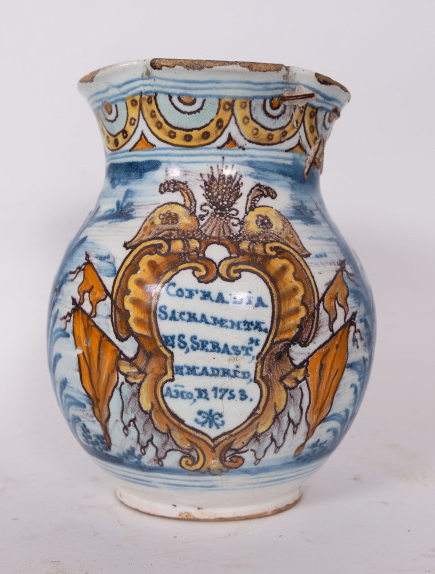 Talavera jug with Cofrade Coat of Arms, 18th century