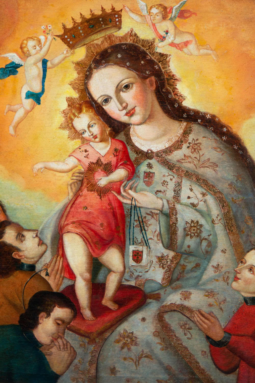 Crowned Virgin with Child in her arms surrounded by Donors, Cuzco Colonial school from the 17th cent - Image 2 of 6
