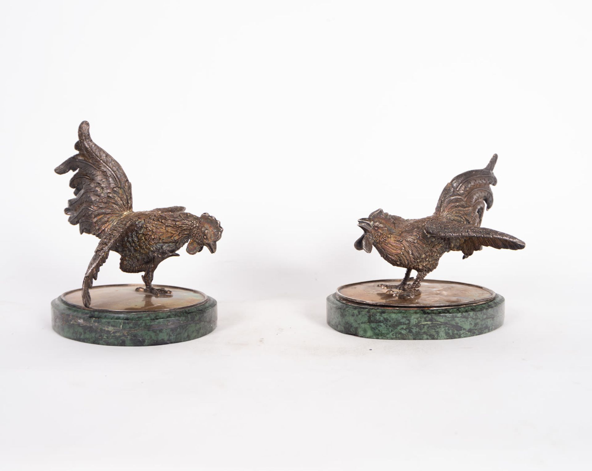 Pair of Roosters in patinated bronze, Portuguese school from the end of the 19th century - Image 2 of 5