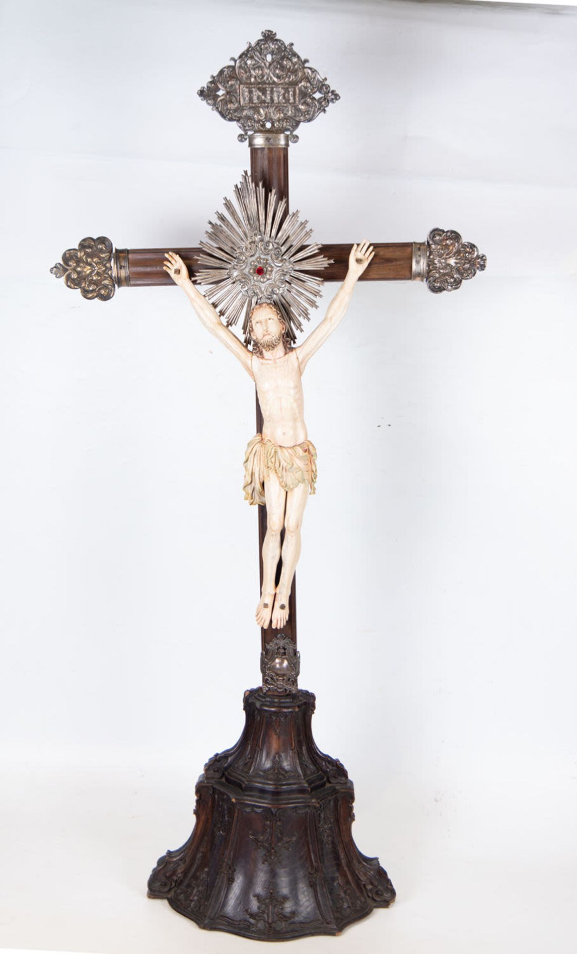 Indo Portuguese Crucifix in Rosewood, Silver and Ivory, 17th century