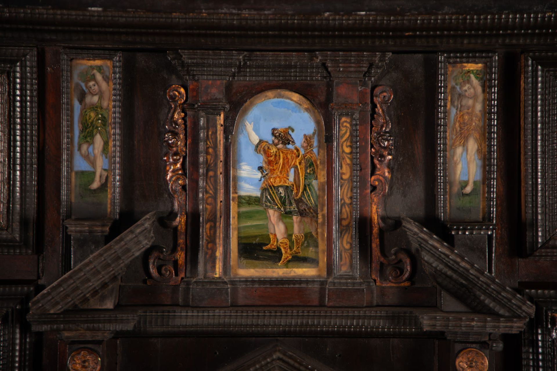Important Neapolitan Cabinet in rosewood marquetry, tortoiseshell and painted glass, Italian school  - Image 5 of 9