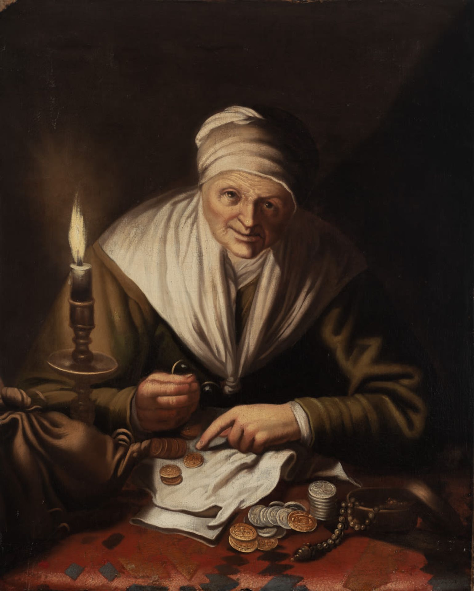 Dutch school of the 18th century. Elderly woman counting coins.
