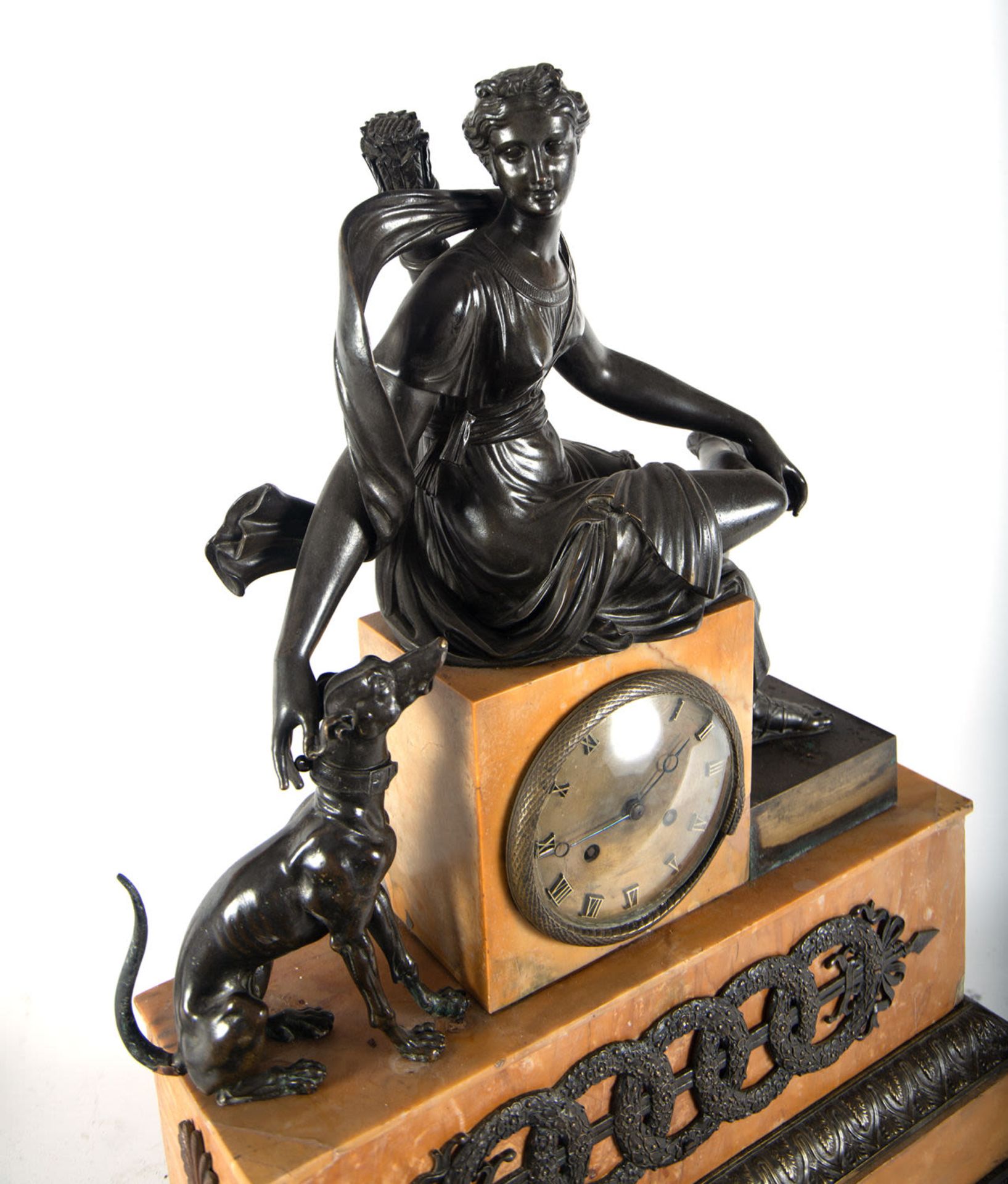 Empire style clock in patinated bronze and Aleppo marble depicting Diana the huntress, late 19th cen - Image 3 of 4