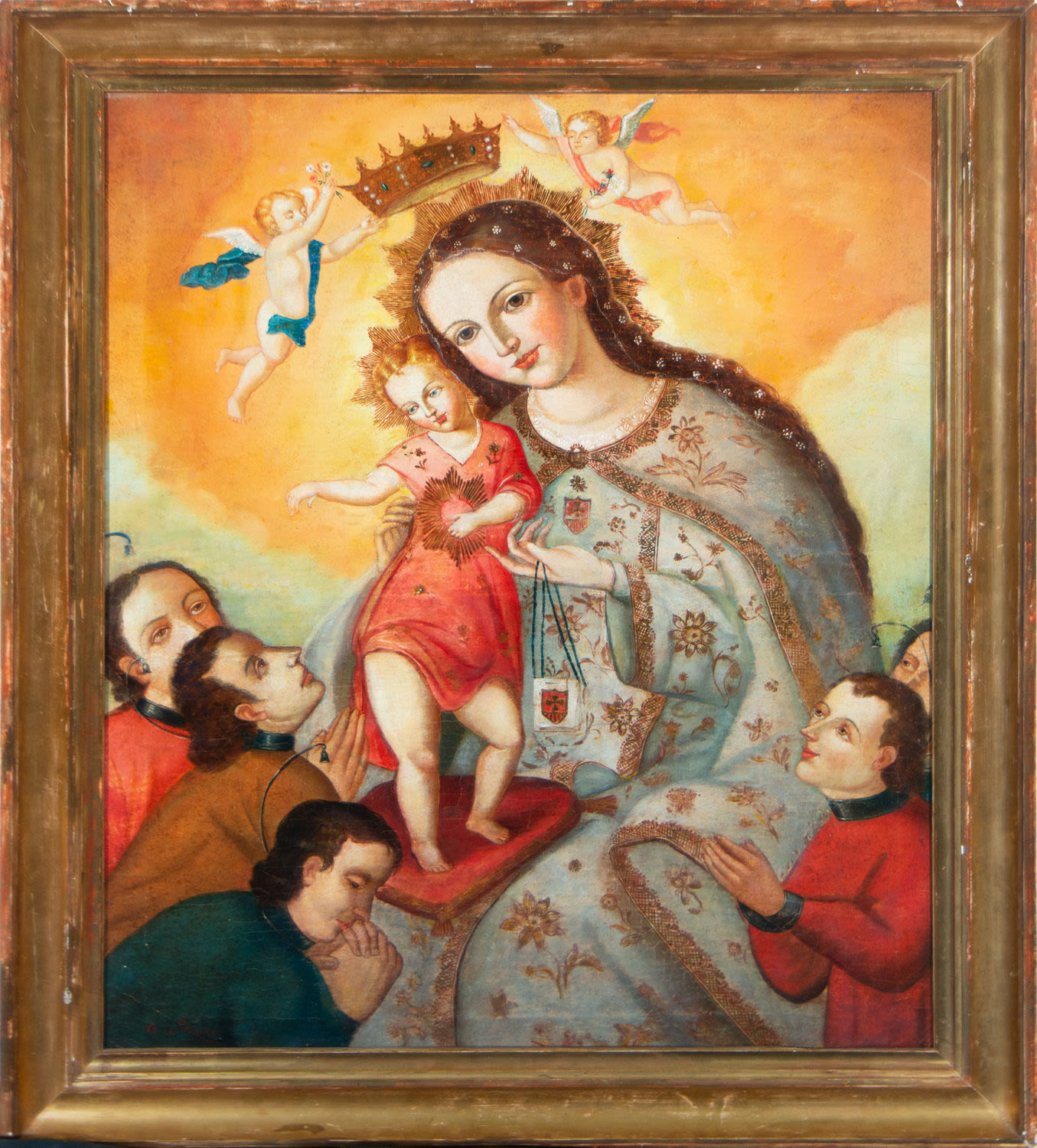 Crowned Virgin with Child in her arms surrounded by Donors, Cuzco Colonial school from the 17th cent
