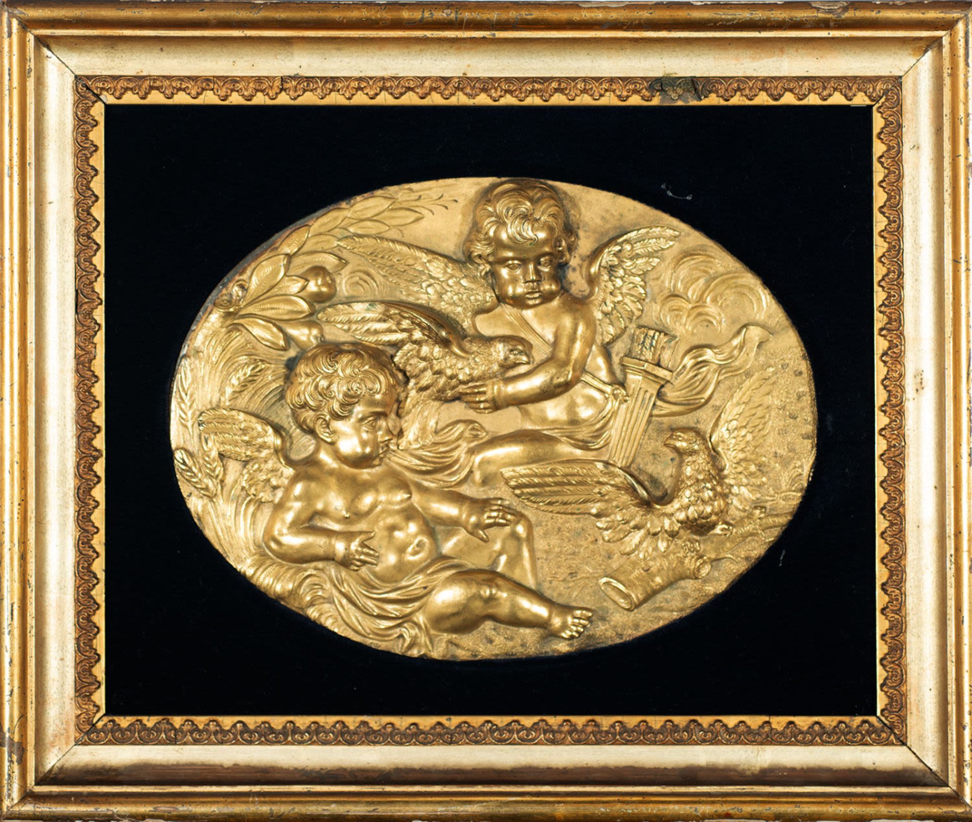 Cupid with an angel in gilt bronze, French school of the 17th century, framed