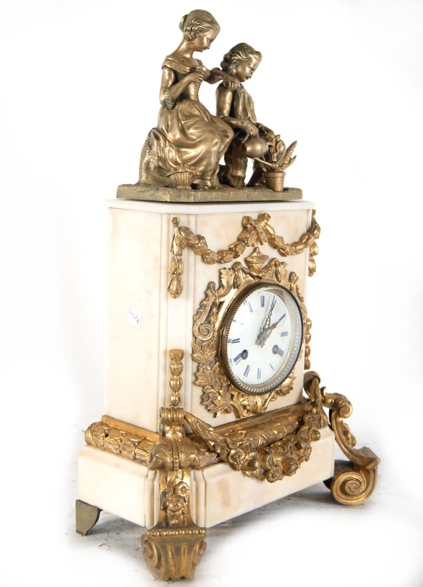 Bronze and marble clock depicting a couple watering pots, 19th century - Image 3 of 6