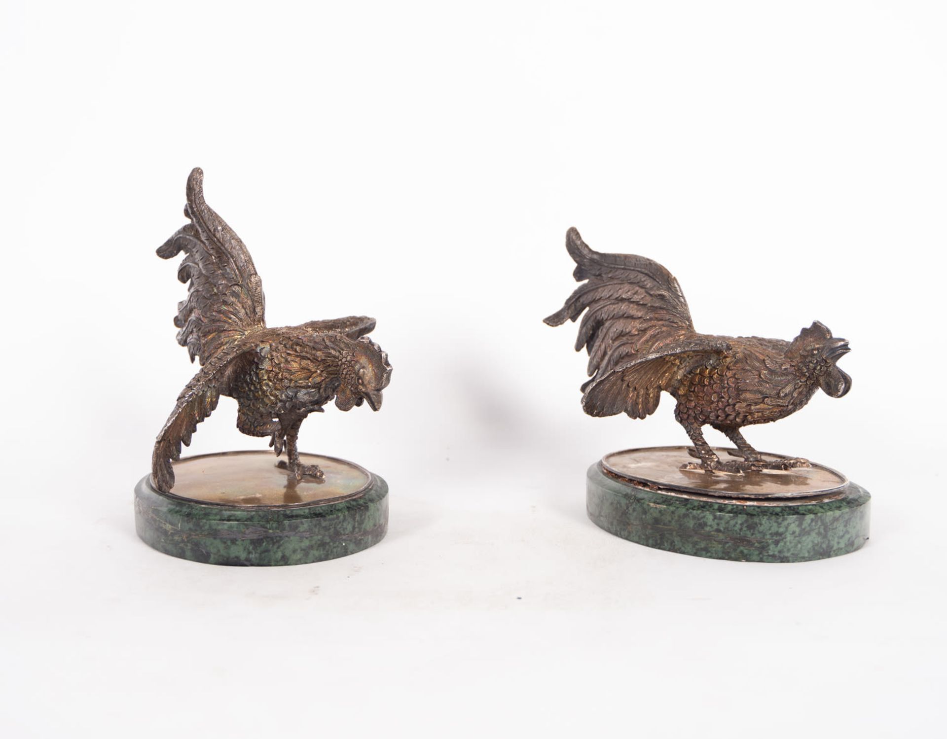 Pair of Roosters in patinated bronze, Portuguese school from the end of the 19th century - Image 4 of 5