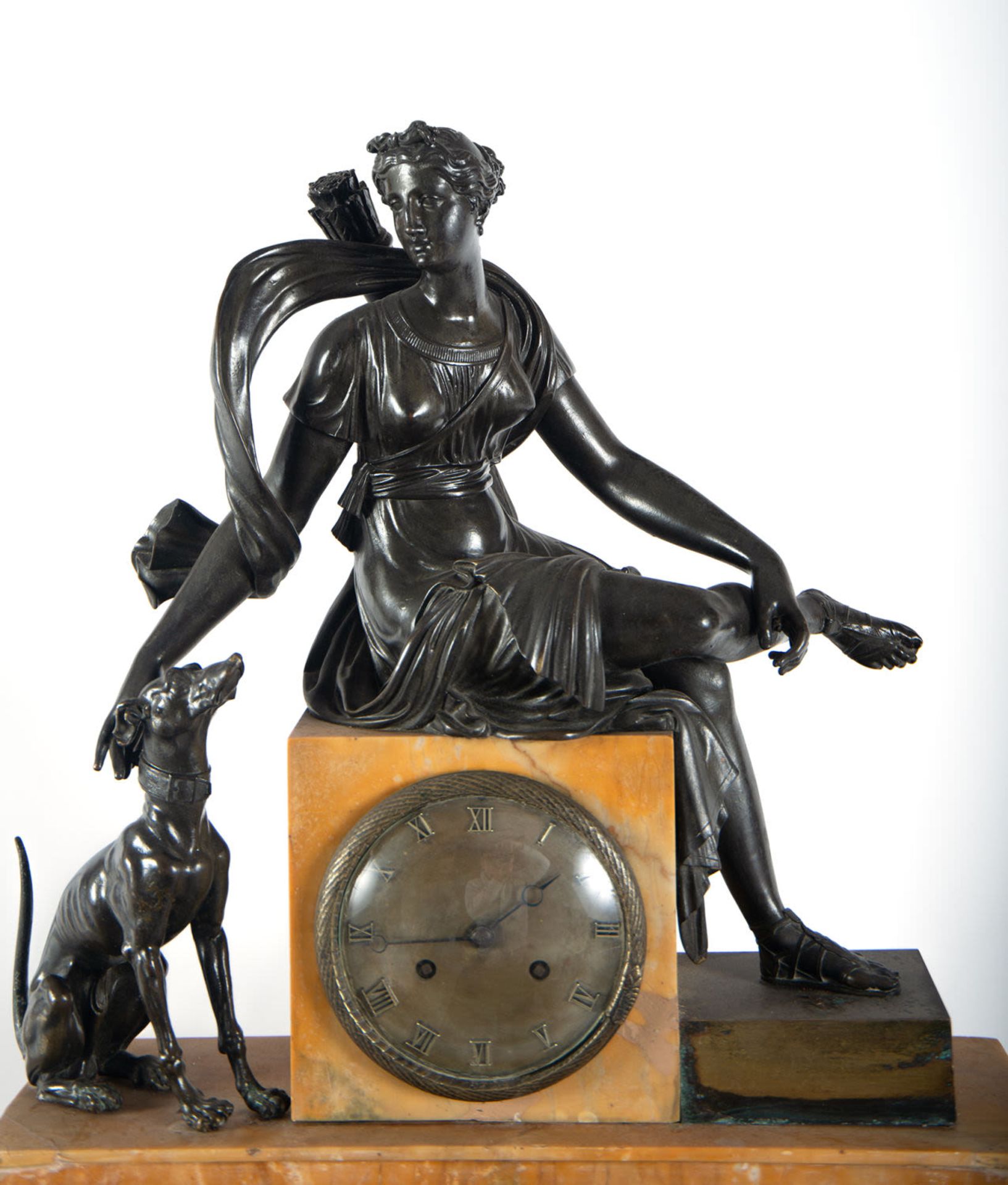 Empire style clock in patinated bronze and Aleppo marble depicting Diana the huntress, late 19th cen - Image 2 of 4