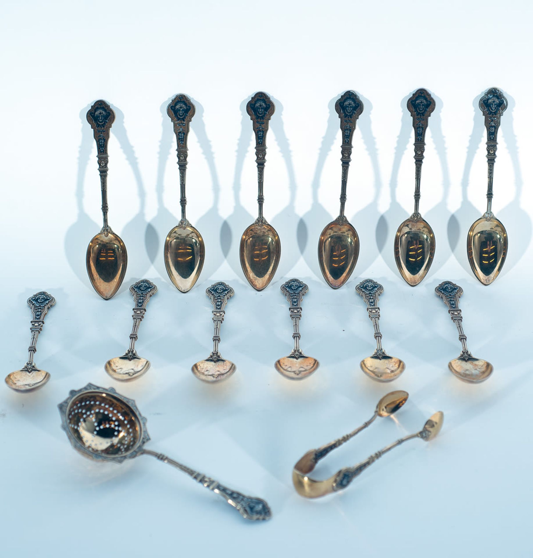 Vermeil silver set of 12 tea spoons with strainer and tongs