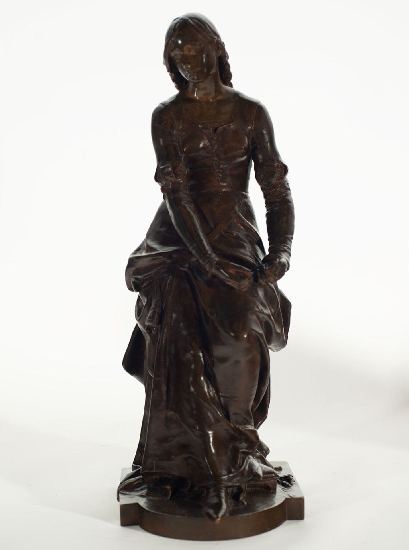 Girl with flower, bronze sculpture, 19th century French school.