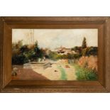 View of a Pool in a Poblado, 19th century Spanish Impressionist school, signed J. Ardines