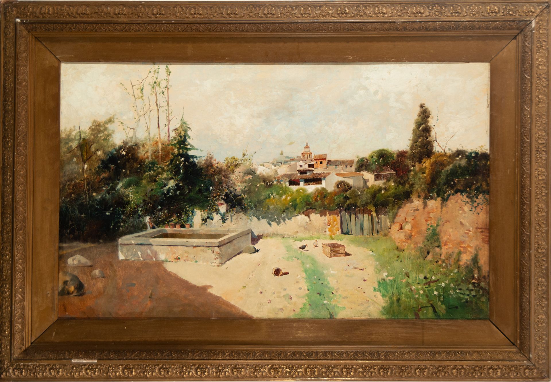 View of a Pool in a Poblado, 19th century Spanish Impressionist school, signed J. Ardines