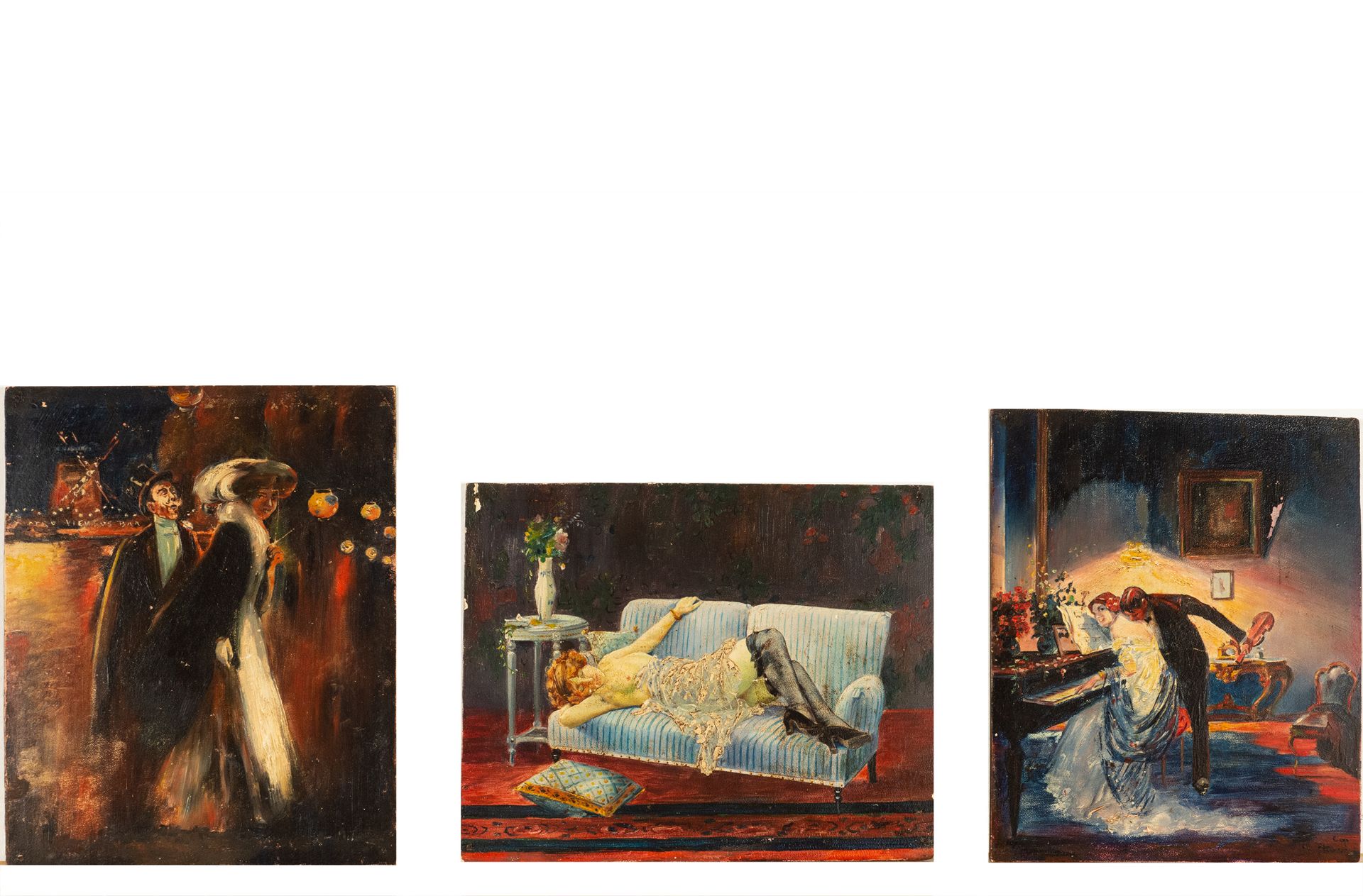 Lot of three signed panels painted in oil with scenes from the Belle Époque, a French school from th