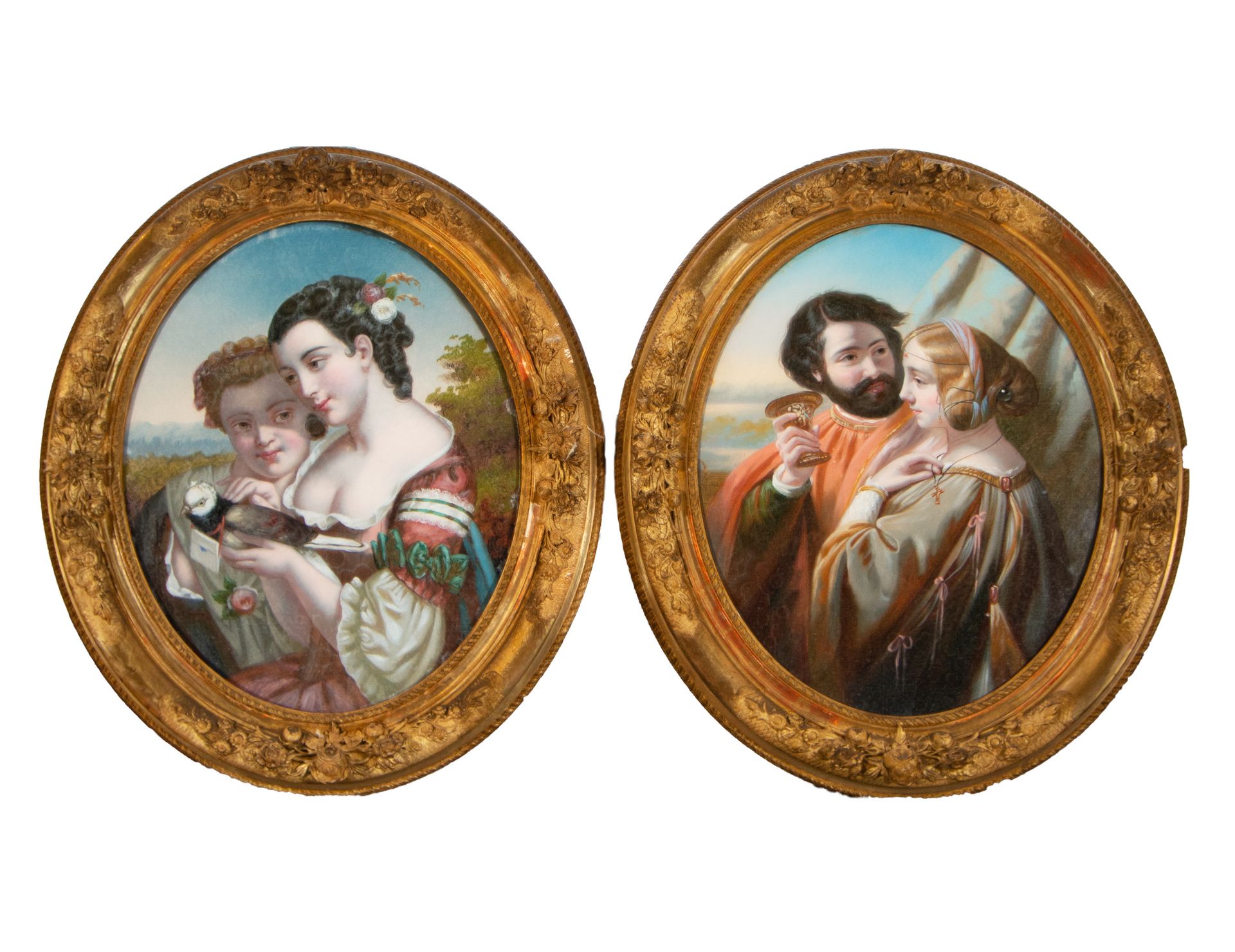 Pair of Ovals in Painted Glass representing Romantic Scenes, French romanticist school of the 19th c