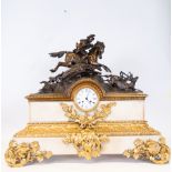 Clock in marble and gilded and patinated bronze depicting a hunting scene, French school of the 19th