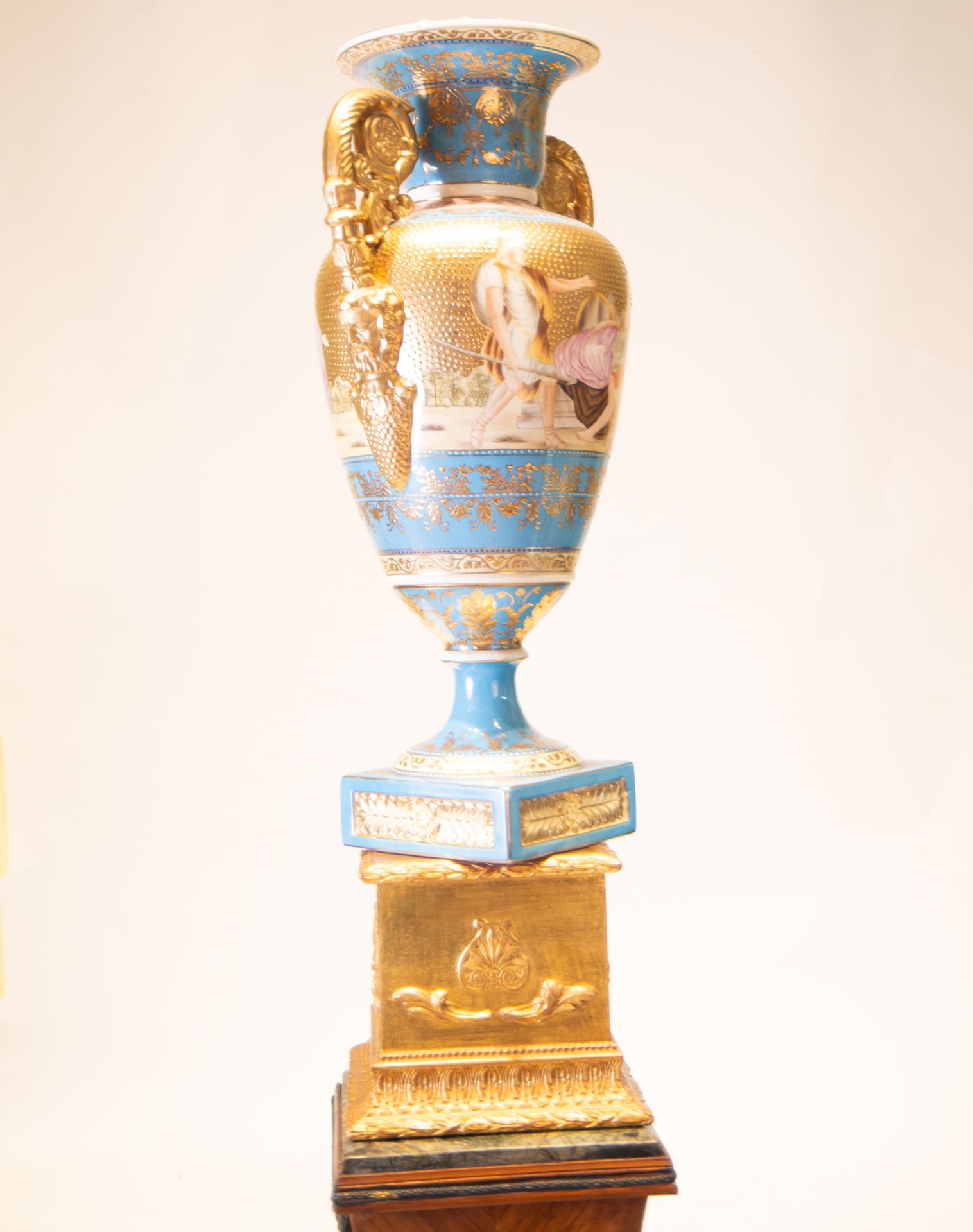 Elegant Large Pair of Old Paris Porcelain Cups on Wood and Gilt Bronze Marquetry Bases, Napoleon III - Image 7 of 14