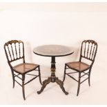 Set of tea table with two chairs in ebonized wood and mother-of-pearl marquetry in Provencal style,