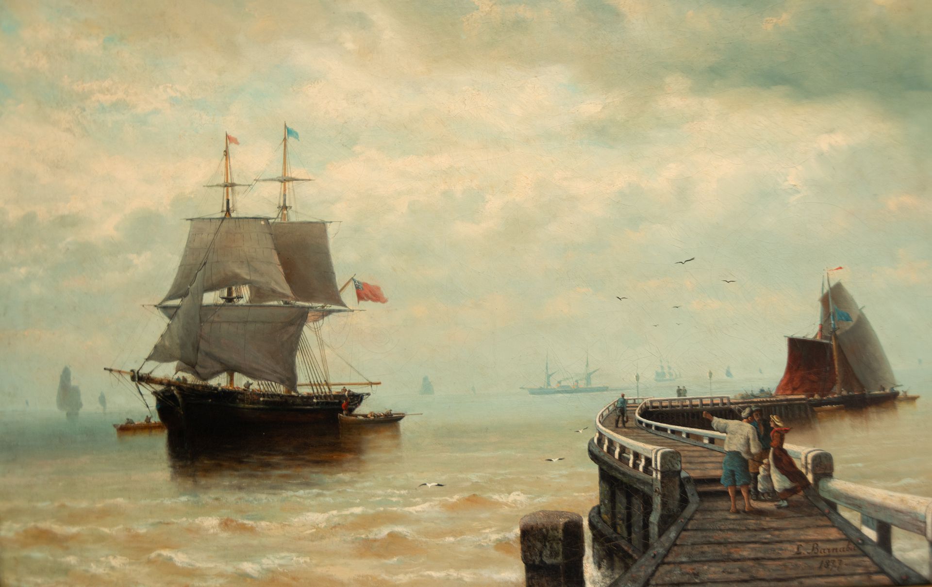 Harbor view, 19th century Belgian school, signed Louis Barnaba 1877 (born 1826) - Image 2 of 6